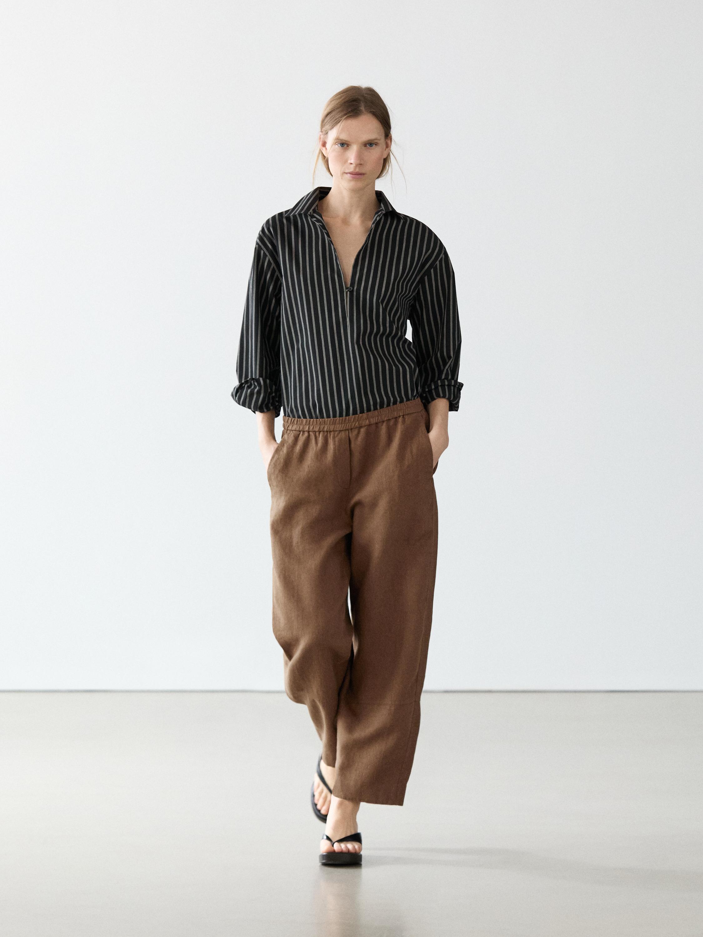 Linen trousers with elasticated waistband